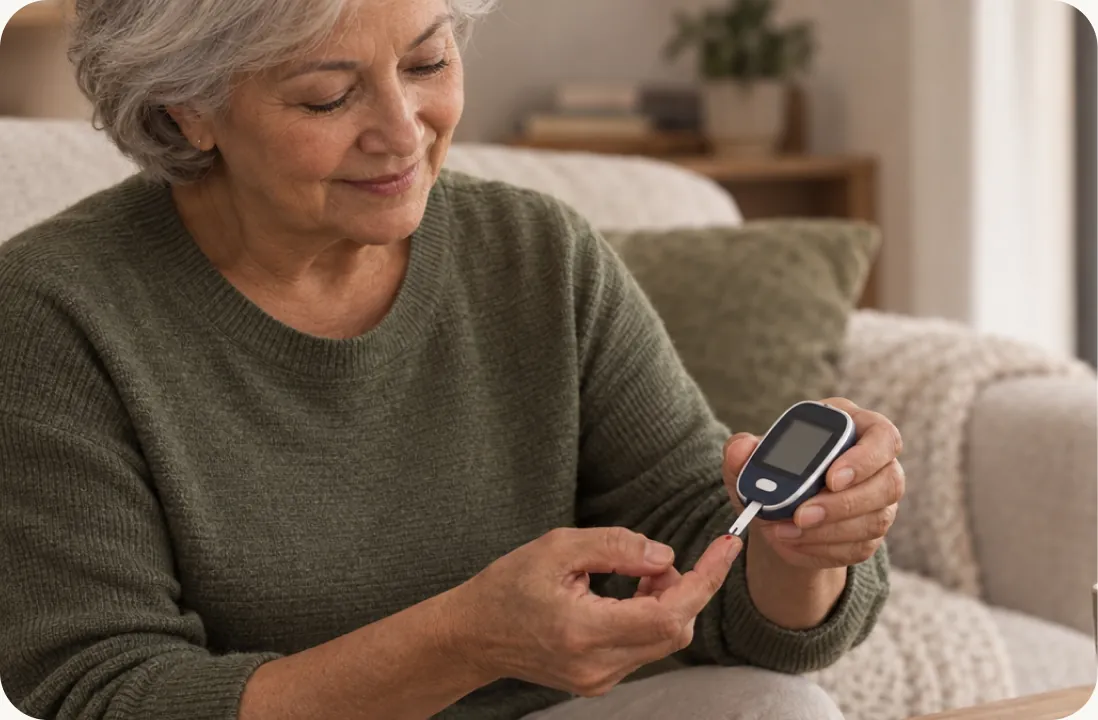 An older woman checking her blood sugar at home